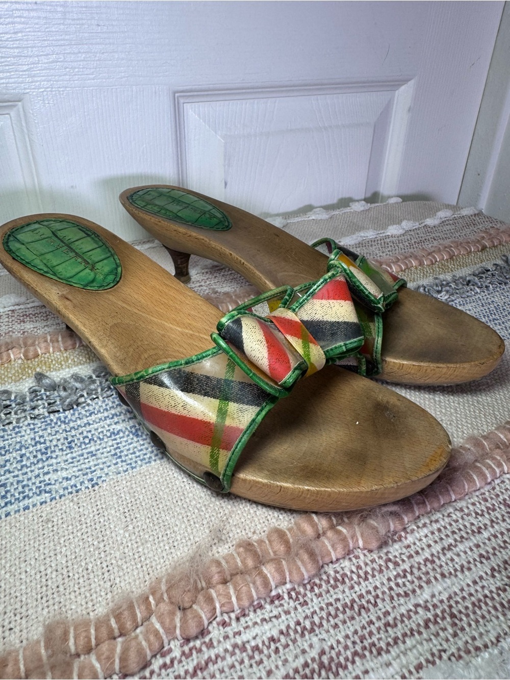Burberry Women's Bow Slide Wooden Clog Sandals Green